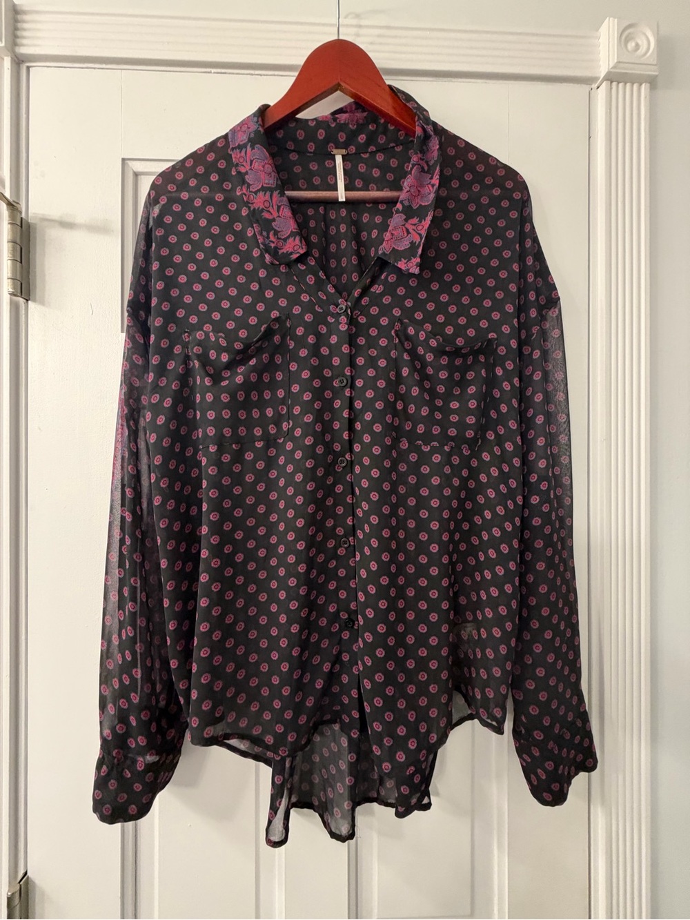 Free People Black Blouse with Pink and Blue Medallion Print